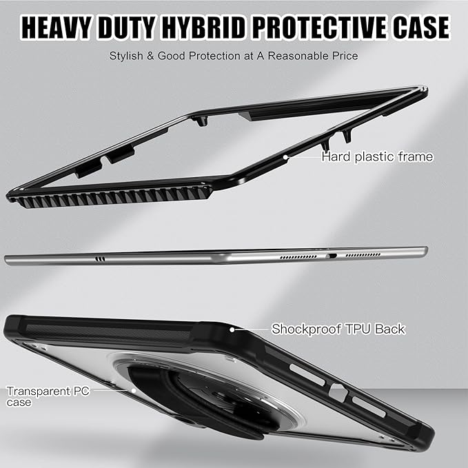 ZenRich Clear Case for iPad 9th/8th/7th Generation 10.2 inch 2021/2020/2019, Shockproof Slim Hard Case with Pencil Holder/360°Rotating Kickstand/Handle/Carrying Strap, Black
