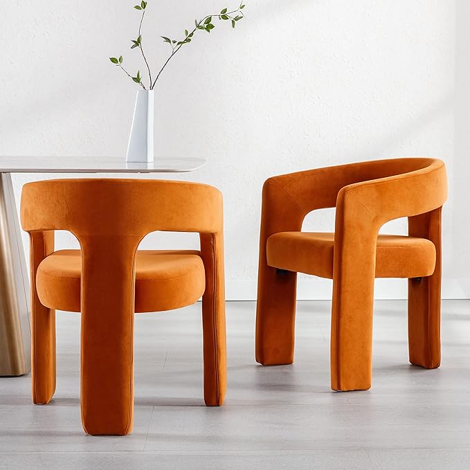 Modern Barrel Dining Chairs Set of 8, Velvet Upholstered Accent Side Chair with Arms Comfy Makeup Vanity Chairs, Dining Living Room Kitchen Chairs, Orange