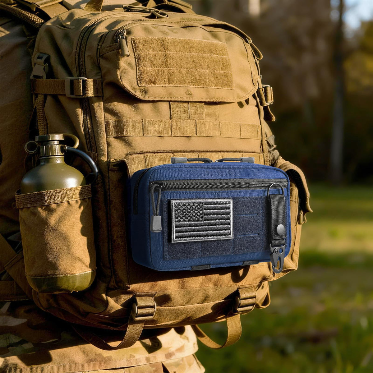 FRTKK Tactical Molle Admin Pouch Utility Laser Cut EDC Tool Pouch Bag Horizontal Modular Pouches Include US Flag Patch and Keychain (Blue)
