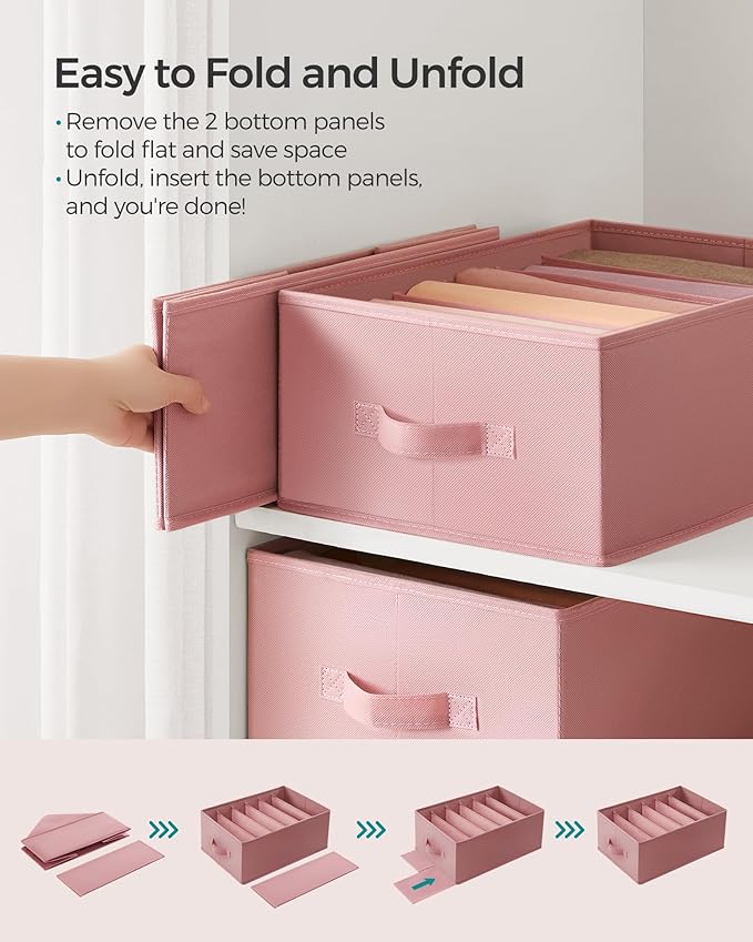 SONGMICS Set of 4 Large Size Wardrobe Clothes Organizers, 6-Compartment Foldable Drawer Organizers with Handles, 16.5 x 11.8 x 6.7 Inches, for Pants, Sweaters, Jeans, Jelly Pink URUS009R01