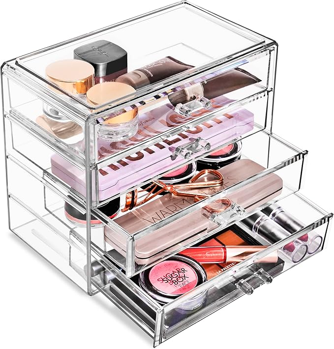 Sorbus Makeup Organizer - 4 Drawer Acrylic Make Up Organizers and Storage for Cosmetics, Jewelry, Beauty Supplies, Clear Makeup Organizer for Vanity, Girl's Room, College Dorm, Counter, Bathroom-Sinks