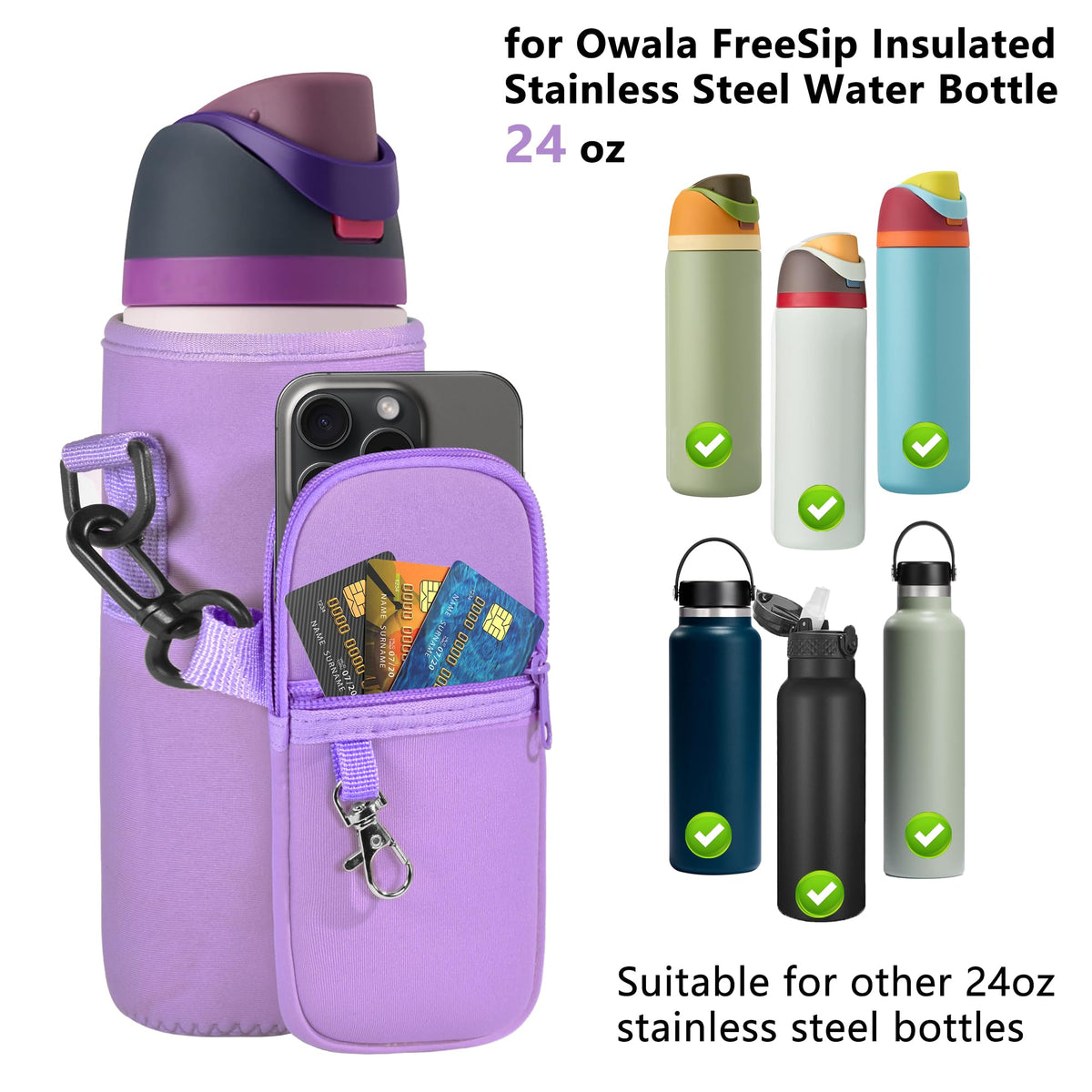 Icesip Purple Water Bottle Carrier Bag with Strap, Fits Owala FreeSip 32 oz
