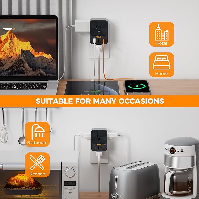 30W Wall Charger, TESSAN Fast Charging Multi Plug Adapter with 3 Outlet Extender Surge Protector, Multiple Plug with 4 USB Block Power Delivery (2 USB C Ports) for Home Office Essentials