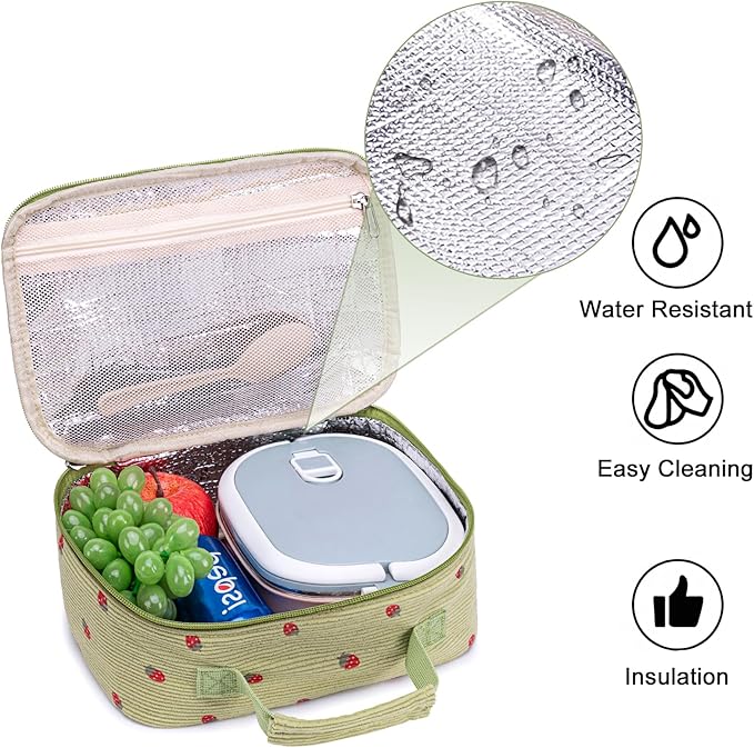 Bluboon Kids Girls Lunch Bag Insulated Lunch Box for school Corduroy Lunch Cooler Organizer School Kids Lunch Tote (Corduroy-Strawberries-Green)