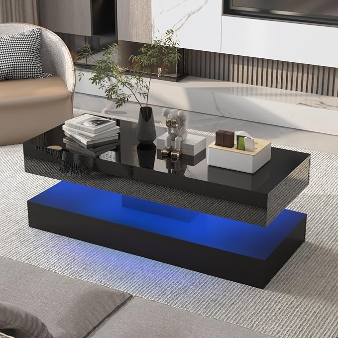 Uspeedy 47.3in Large High Glossy LED Coffee Table with 2 Storage Drawers,Black/White Modern Coffee Tables for Living Room,Living Room Tables,APP LED Lights (Black)