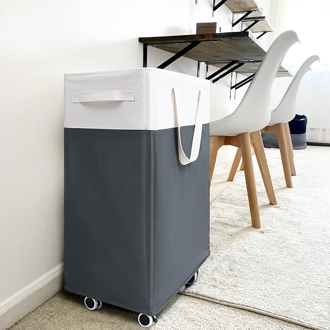 Goodpick Laundry Basket with Wheels, 75L Laundry Hamper for Dirty Clothes, College Dorm Essentials, Clothes Hamper for Livng Room, Grey&White