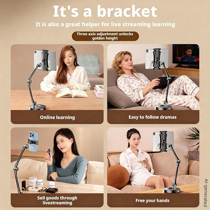 Dual Phone Stand for Desk 2-in-1 Holder with 762g Weighted Base 360° Adjustable Arm for Live Streaming & Learning