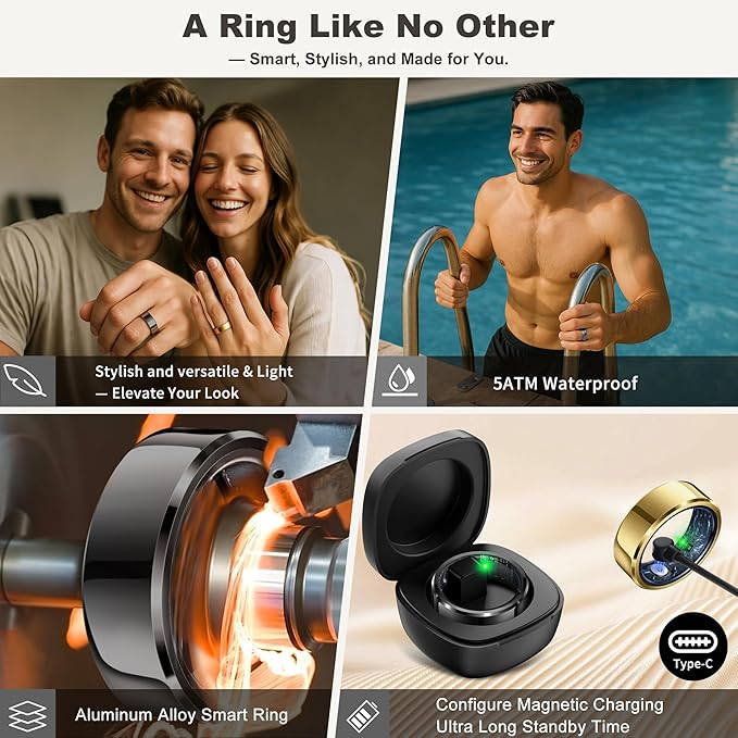 RIFESI Smart Ring for Women Men, Fashion Minimalist Fitness Ring & Sleep Tracker Ring with Heart Rate, Blood Pressure,5ATM Waterproof Health Ring,Gifts for Women Men Gift,No Subscription (9,Black)