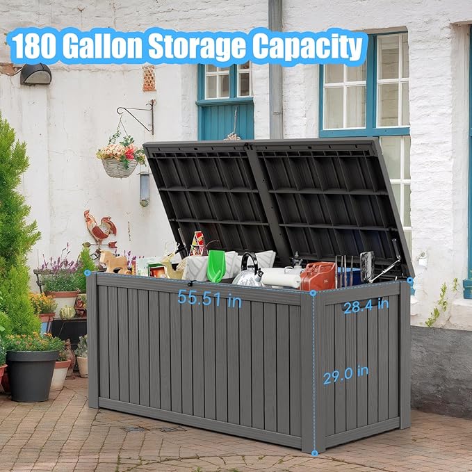 Vixzen 180 Gallon Resin Deck Box, Lockable Outdoor Storage Box for Patio Cushions Storage Furniture,Garden Tools, Pool Supplies, Weatherproof and UV Resistant- Black