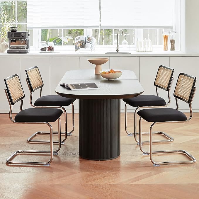 Black Chrome Rattan Dining Chairs Set of 2, Wooden Mid-Century Modern Kitchen Chairs, Mesh Back Cane Dining Room Chairs, Cesca Design Chair with Metal Chrome Legs