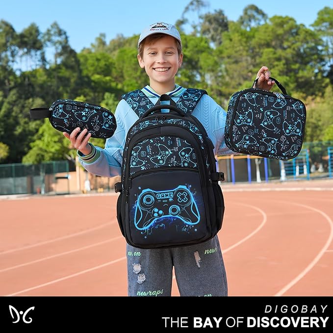 Boys Backpack for School, 3PCS Cool Luminous Gamer Backpack for Boys with Lunch Box Pencil Case, Kids Backpacks Bookbag for Teen Boy Elementary Middle High School with USB Charging Port