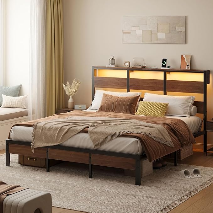 Bestier King Bed Frame with Storage Headboard and Charging Station, Walnut Platform Bed Frame with LED Light, Non-Slip Metal Bed Frame, Noise-Free, Easy Assembly,Brown