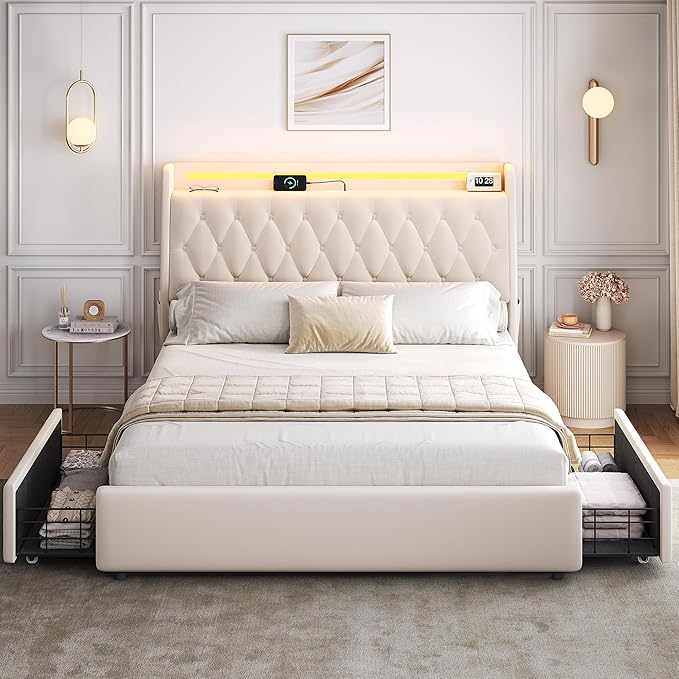 Queen LED Velvet Bed Frame with 2 Storage Drawers&Hidden Headboard, Upholstered Platform Bed with Charging Station&Button Tufted Design, Wooden Slats Support, Box Spring Optional, Easy Assembly, Beige