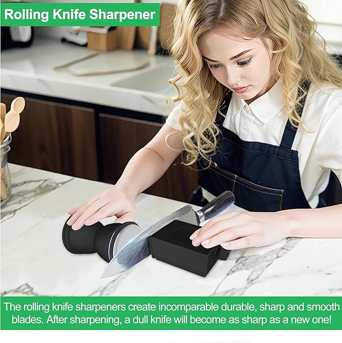 Rolling Knife Sharpener Kit - Crafted with Premium Stainless Steel | Kitchen Knife Sharpener Includes a 400 Grit Diamond Disc to Restore Sharpness and a Ceramic Disc to Polish and Smooth the Blade