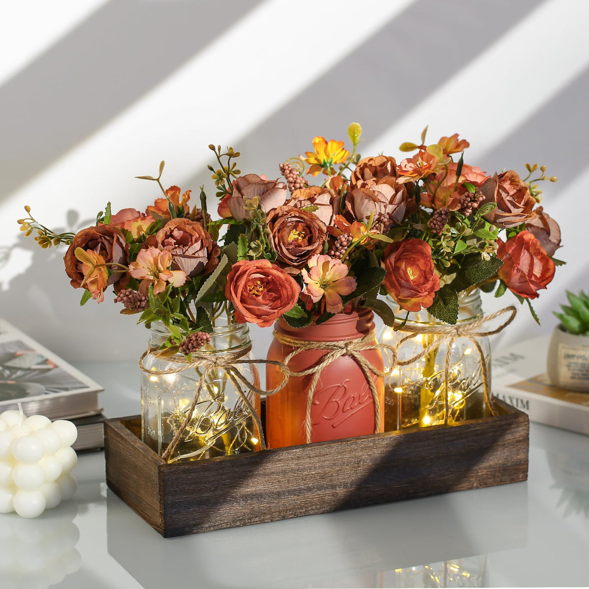 DUOER 3 Pcs Mason Jar Centerpiece Table Decorations for Dining Table Decor Farmhouse Coffee Table Decor with Wood Tray and Led Light Table Centerpieces for Dining room Kitchen Living Bathroom,Orange