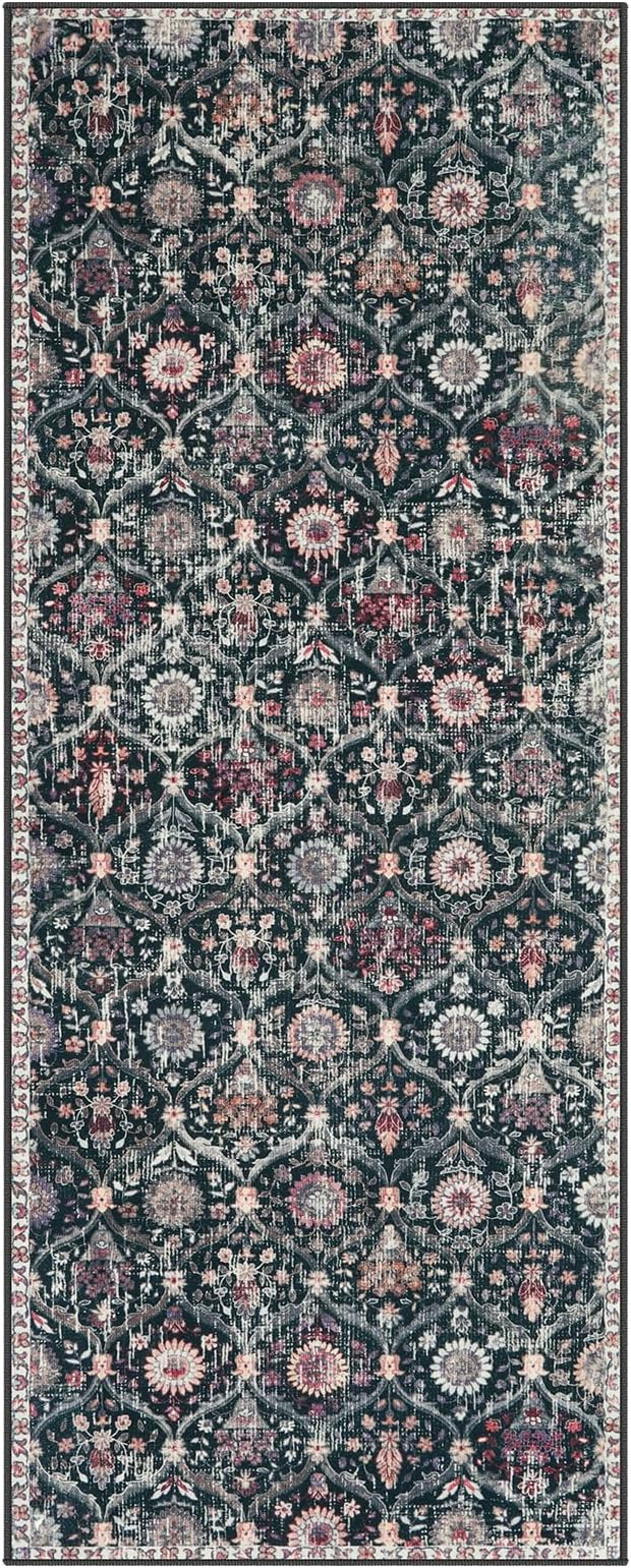 Lahome Moroccan Trellis Kitchen Runner, 2x5 Rug Runners for Hallways Non Slip Laundry Room Rug, Ultra-Thin Washable Vintage Carpet for Bedroom Bathroom, Black/Multi