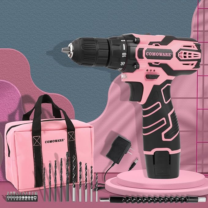 COMOWARE Pink Cordless Drill Set for Women, 12V Lightweight Electric Screwdriver with 3/8" Keyless Chuck, 1.5Ah Battery - Portable Power Drill Kit with Pink Tool Bag for Home DIY Projects