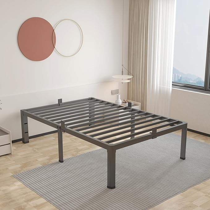 ROIL 14 inch Twin XL Bed Frames with Headboard Hole and Round Corner Legs Mattress Retainers 3500LBS Heavy Duty Steel Slats No Box Spring Needed Platform Noise-Free Underneath Storage