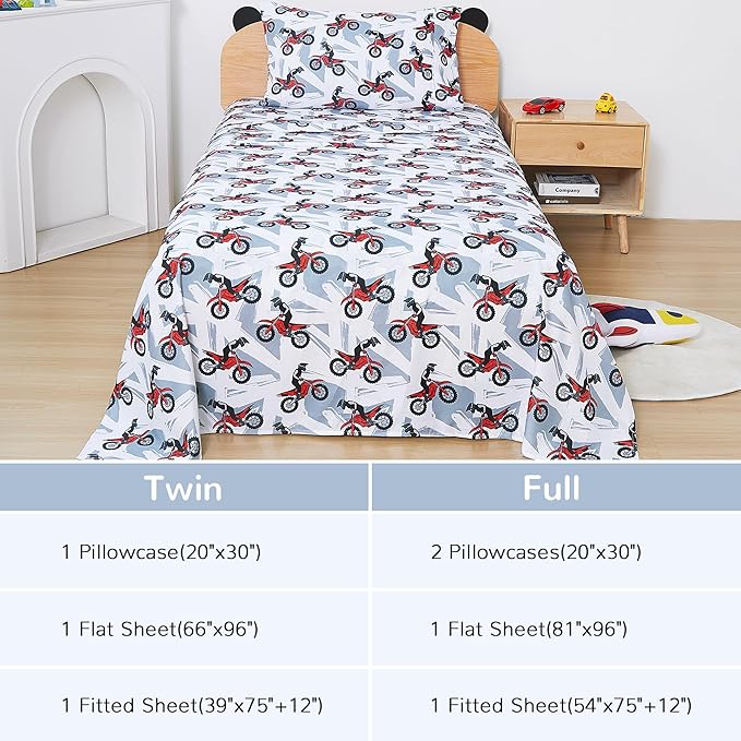Viviland 3 Pieces Boys Grey Twin Sheet Set - Soft Microfiber Fitted Flat Sheets & Pillowcase - Red Motorcycle Print Bedding Sets - for Kids & Toddlers