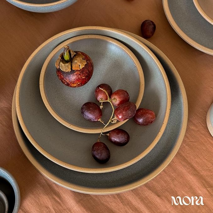 MORA Medium Dishes Set of 4, 30oz Ceramic Pottery Pasta Plate/Wide Bowls - Microwave, Oven and Dishwasher Safe - Peppercorn