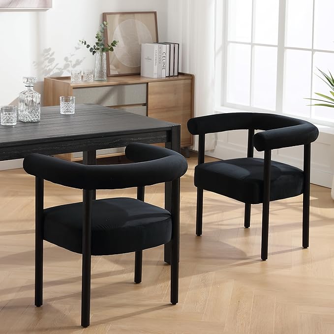 Black Velvet Dining Chairs Set of 4, Modern Upholstered With Curved Backrest, Kitchen and Dining Room Accent Arm Chairs With Black Wood Legs