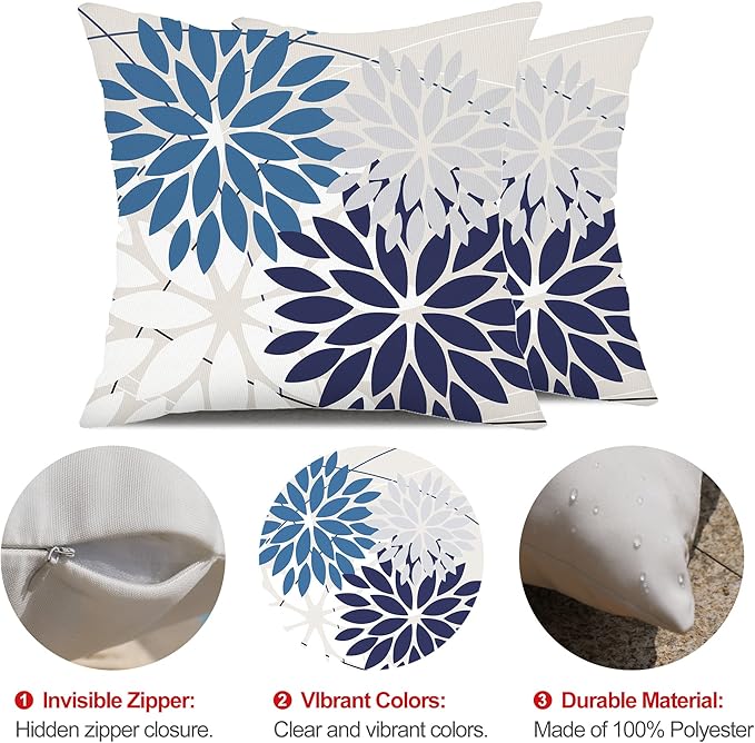 DFXSZ Outdoor Throw Pillow Covers 20x20 Inch Set of 2 Spring Summer Geometric Elegant Decorative Throw Pillows Blue Outdoor Waterproof Pillow Covers for Patio Funiture Garden Couch 158A20