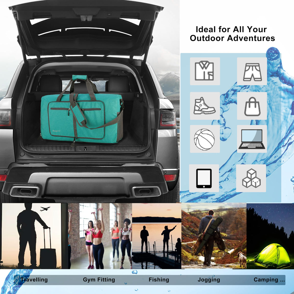 Woogwin Travel Duffel Bag Large Foldable Waterproof Overnight Bag for Beach Swim Bags Pool Sports Gym (60L SnowGreen)