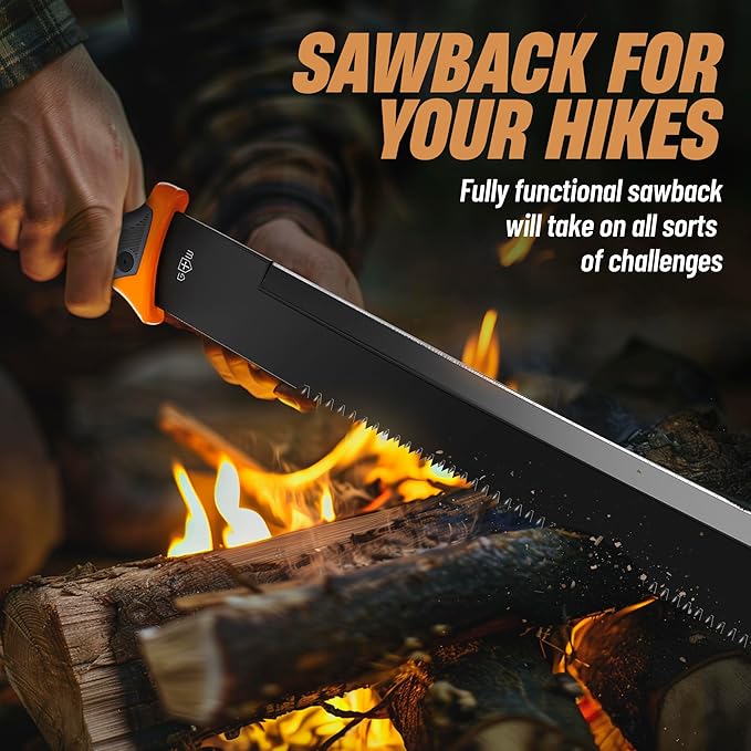 Machete with Saw 25" / 19" Heavy Duty Tool & Sheath - Ergonomic No-Slip Handle - Survival Knife with Serrated Blade - Machetes for Bushcraft Hunting Garden Cutting Trees and Yard Work