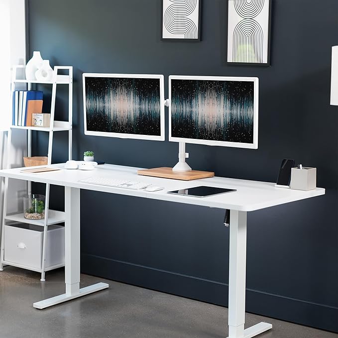 VIVO Freestanding Dual Monitor Stand with Solid Wood Base and Adjustable Arms, Mounts 2 Screens up to 32 inch and 22 lbs Each, White, STAND-V002FD-W