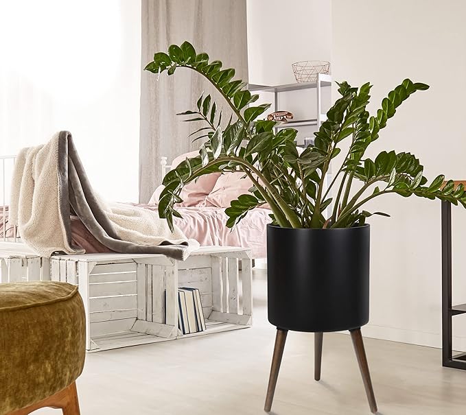 D'vine Dev 14 Inch Planter Pot with Stand, Mid-Century Tall Plant Pot with Legs for Indoor Plants, X-Large, Black, 88-O-D-2