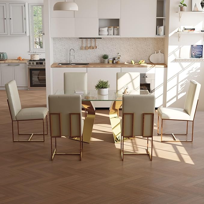 AUZ Dining Chairs Set of 8, White Faux Leather Dining Room Chairs with Gold Stainless Steel Sled Legs