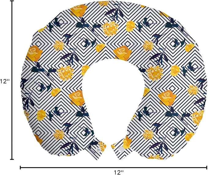 Ambesonne Floral Travel Pillow Neck Rest, Composition of Flowers and Concentric Squares, Memory Foam Traveling Accessory for Airplane and Car, 12", Yellow
