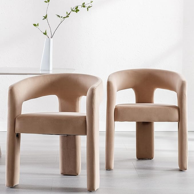 Modern Barrel Dining Chairs Set of 5, Velvet Upholstered Accent Side Chair with Arms Comfy Makeup Vanity Chairs, Dining Living Room Kitchen Chairs, Khaki