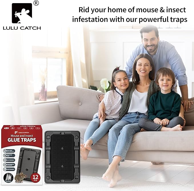 LULUCATCH Mouse & Insect Traps 12 Pack, Heavier Sticky Traps with Non-Toxic Glue for Small Mice & Insects. Sticky Mouse Traps Indoor, Easy to Set, Pet Safe Pest Control