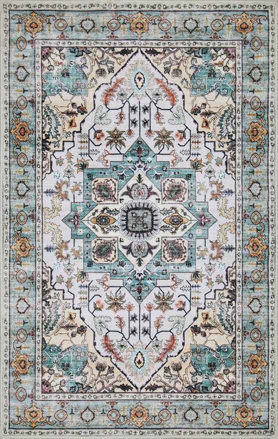 WILLSUN Washable Area Rugs, 2x3 Non-Slip Boho Small Area Rugs for Entryway, Kitchen, Bathroom, Machine Washable Vintage Rug, Indoor Floral Print Carpet for Home Decor, Kid & Pet Friendly Mat