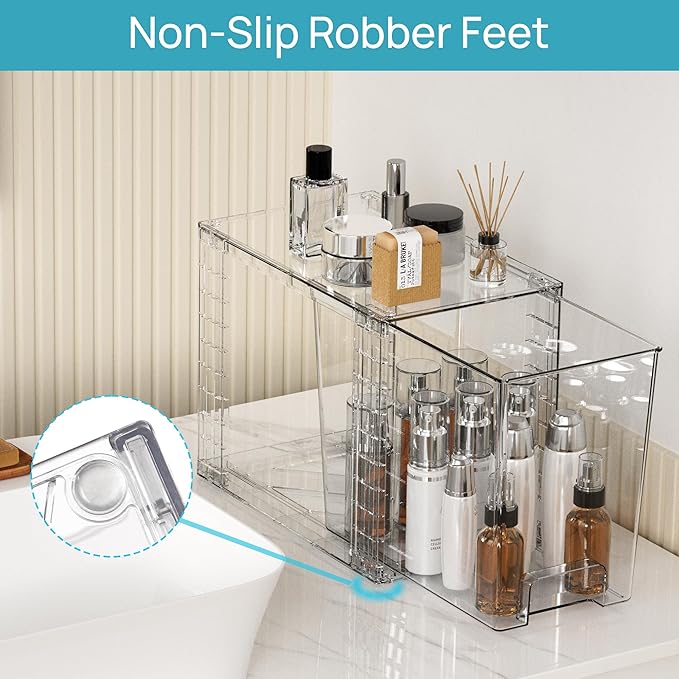 Vtopmart 4 Pack Clear Stackable Storage Drawers,9.7" High Plastic Organizers Bins for Skincare, Bathroom Supplies,Ideal for Cabinet,Undersink,Vanity,Kitchen,Pantry Organization