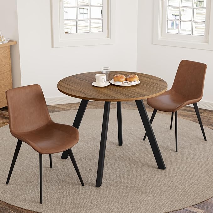 34.6'' Dining Table and Chairs for 2, Mid Century Modern Round Table Set, Space Saving for Apartment Kitchen Dining Room (Walnut Table+2 Brown Chairs)