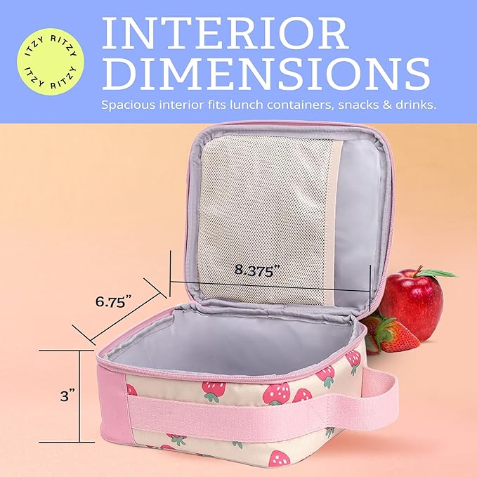 Itzy Ritzy Toddler Lunch Box - Kids Lunch Bag is Insulated and Includes Water Bottle Holder Plus 2 Pockets - Durable, Easy to Clean Toddler Bag (Strawberry)
