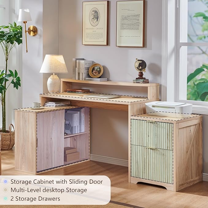 JXQTLINGMU 67" Modern L Shaped Desk with Storage Cabinet & Drawers, Wood Home Office Desk with Power Outlets, Fluted Computer Writing Desk, Natural Oak
