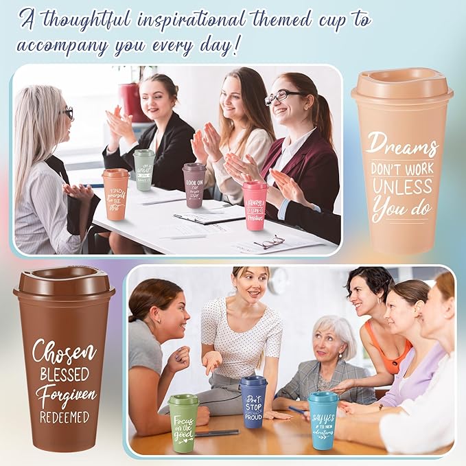 12 Pcs Inspirational Gifts for Employee Coworkers Staff Teammate, 16oz Reusable Plastic Coffee Cups with Positive Sayings, Bundle Gifts for Woman Man Coworker (Morandi Color,Inspirational)