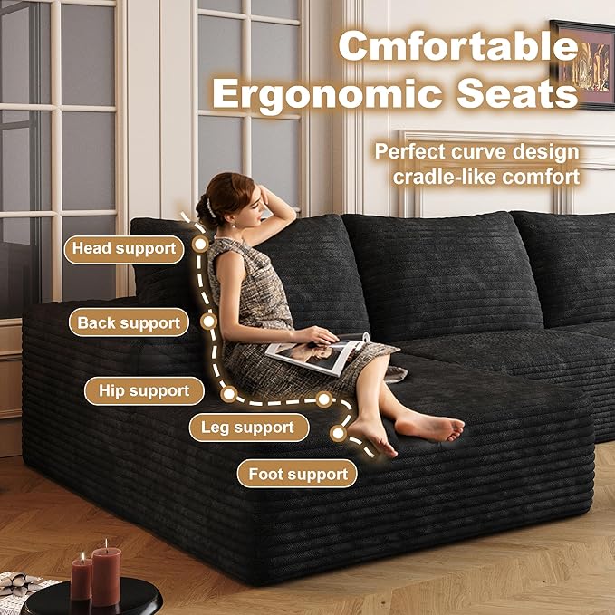136" Sectional Couches for Living Room Modern Modular Sofa with L-Shape Couchs Upholstered Boneless Couch Deep Seat Sectional Couch with Chaise (Black, Left Facing Chaise+3Seaters)