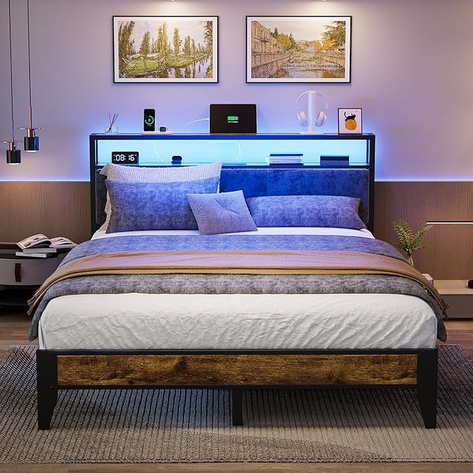 OLEVS Queen Bed Frame Metal Platform Bed Queen Size with 2-Tier Storage & LED Light Headboard, Charging Station Type C, No Box Spring Needed