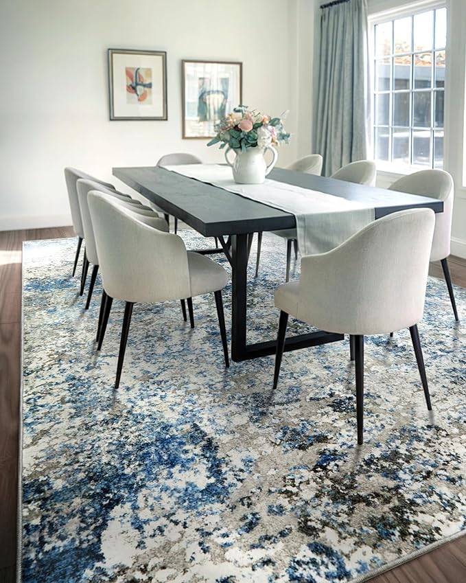 Area Rug for Living Room: 10x14 Washable Neutral Abstract Rug for Bedroom Modern Soft Dining Room Rug No Slip Low Pile Carpet for Nursery Home Office Decor - Grey/Blue