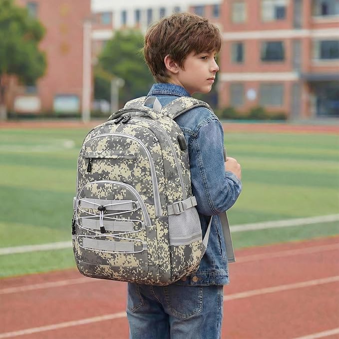 Kids Backpack for Boys - Camo Boys Backpacks for Kids Teens Elementary Middle School, 18″ Camouflag Students Bookbag with Usb Charging Port & Key-chain, Perfect for Travel and School