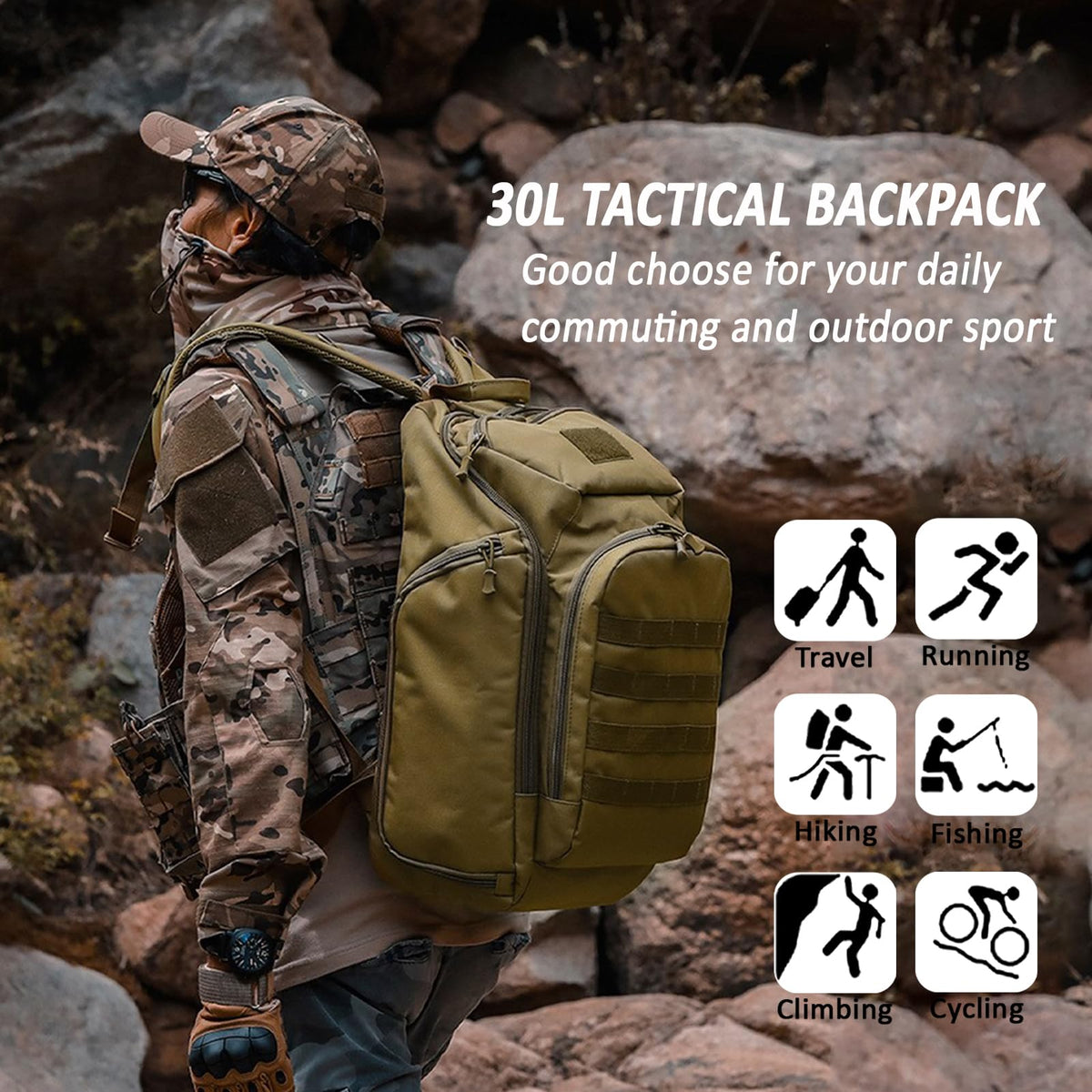 Valinov Tactical Backpack For Men 30L Military Molle Backpacks Army Assault Pack Daypack Hiking Rucksack Bug Out Bag (Tan)