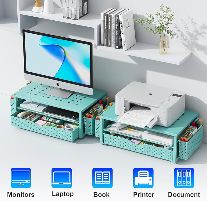 gianotter Desk Organizers and Accessories, Monitor Stand with Drawer and 2 Pen Holder, Desktop Organizer Suitable for Offices and Dormitories (Blue)