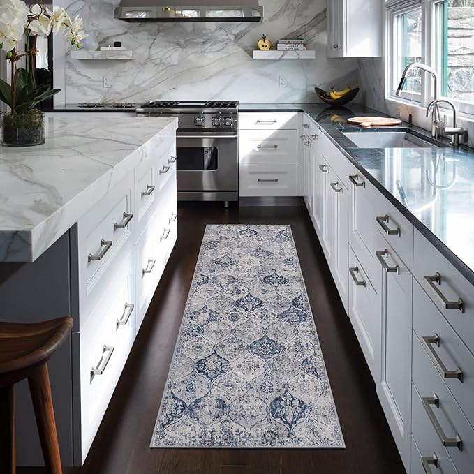 Lahome Moroccan Trellis Washable Runner Rug, 2x6 Kitchen Runners for Hallways 6 Feet Non Slip, Vintage Laundry Room Rug Ultra-Thin Long Carpet for Bathroom Bedroom Entryway, White/Royal Blue