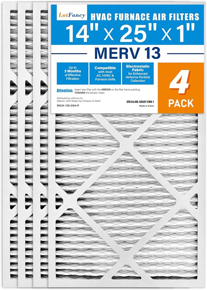 LotFancy 14x25x1 Air Filter MERV 13 4-Pack, Electrostatic Pleated HVAC Furnace