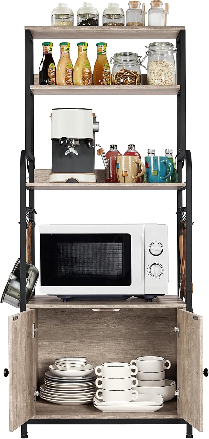 Yaheetech 4-Tier Kitchen Bakers Rack with Storage Cabinet and Hutch, Microwave Oven Stand Coffee Bar Pantry Cabinet with 8 S Hooks, Freestanding Kitchen Shelves Spice Rack, Gray