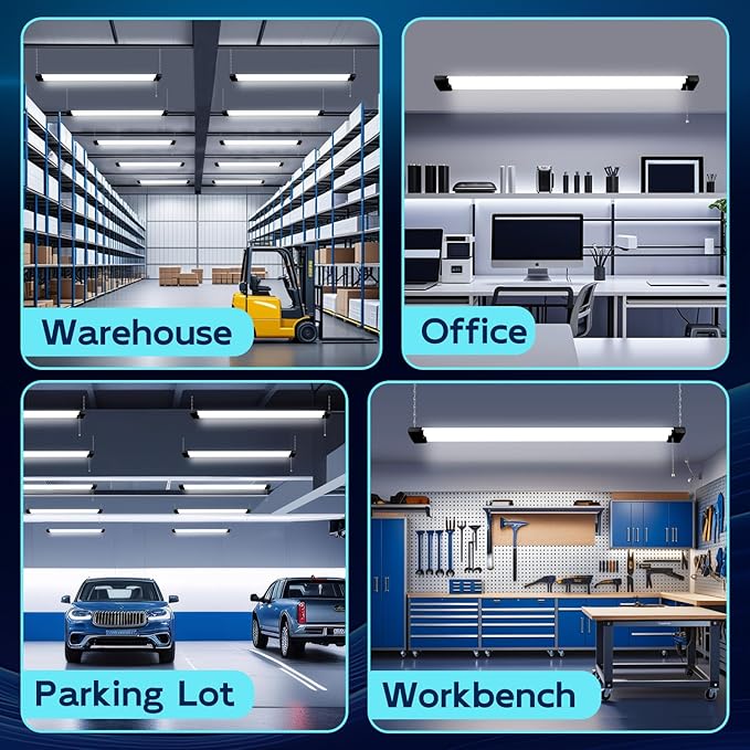 hykolity 4 Pack 4FT Linkable LED Shop Light for Garage, 6500lm, 4FT 60W Utility Light Fixture, 5000K Daylight LED Workbench Bay Lighting with Plug, Hanging or Surface Mount,Black - ETL